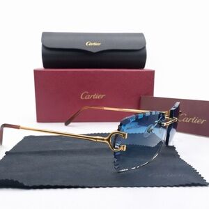 Cartier Gold Frame Rimless Sunglasses with Blue Lenses